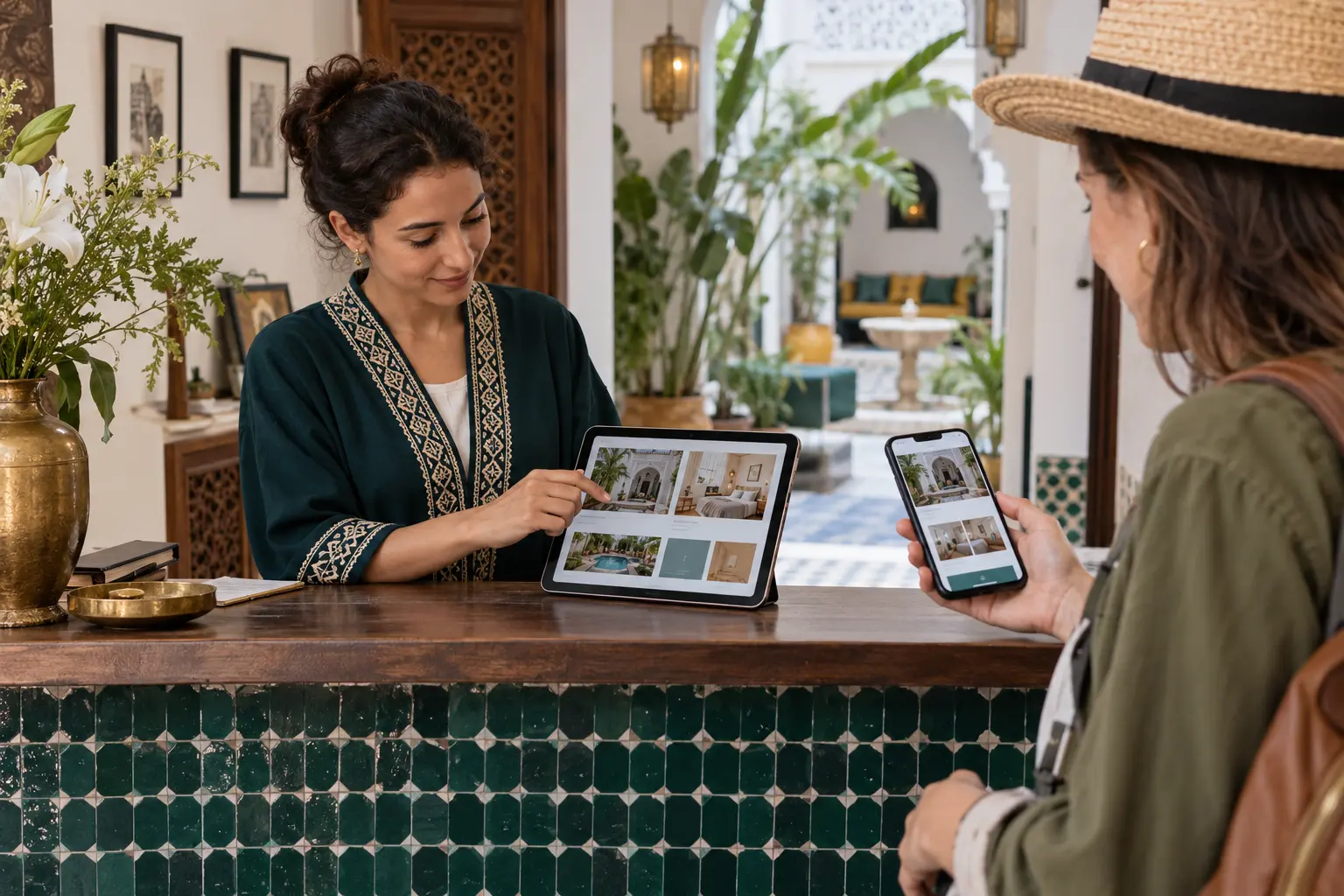 Voyageuse accueillie dans un établissement équipé d’un guidebook digital
